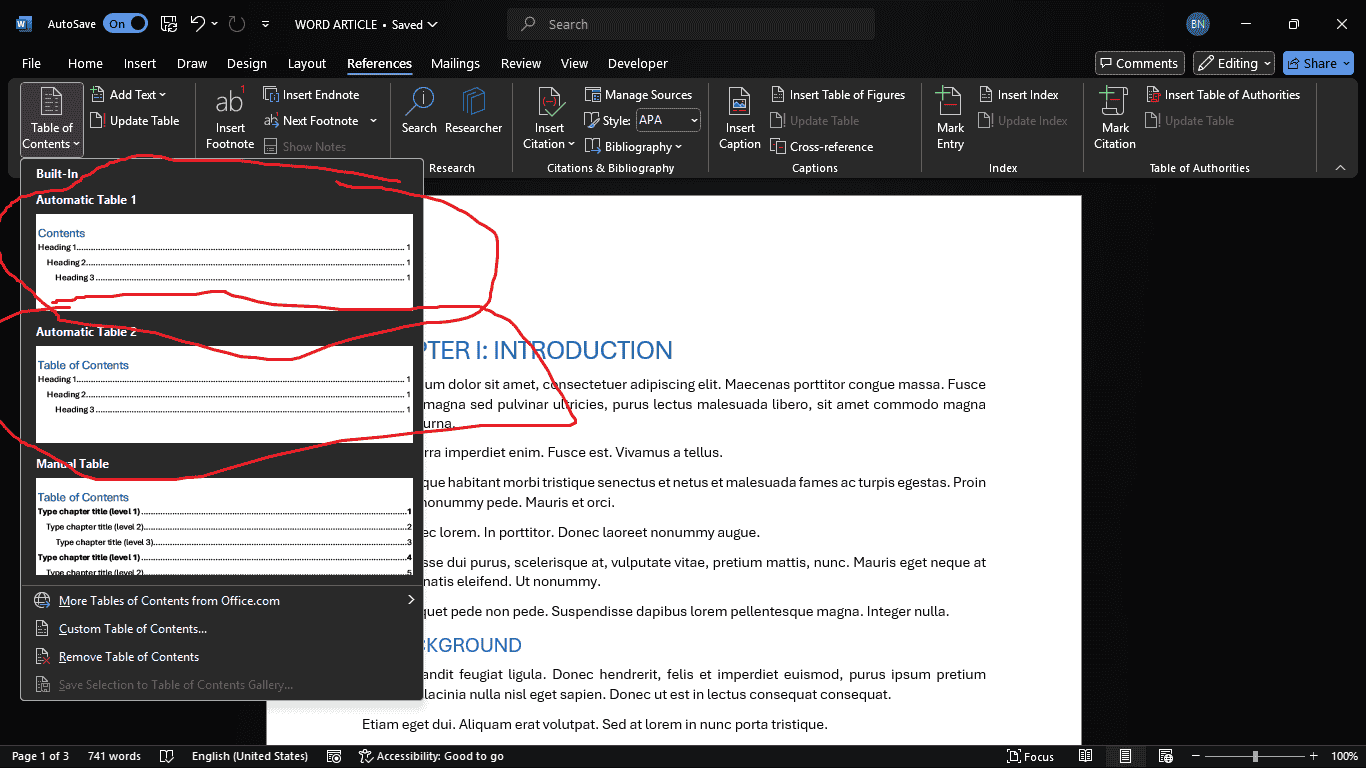 Choosing the reference type to use. Better use automatic table 1 or 2